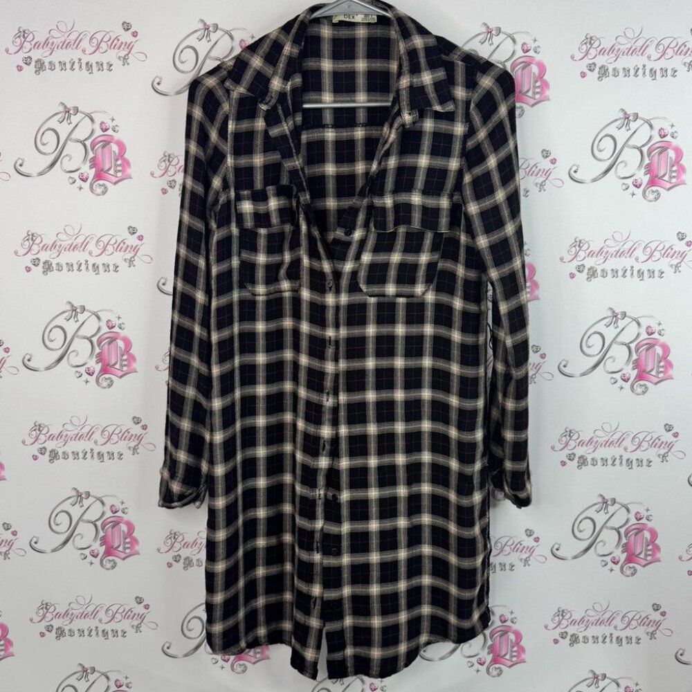 Dex dress button up plaid striped comfy flowy Black and Pink Plaid Shirt